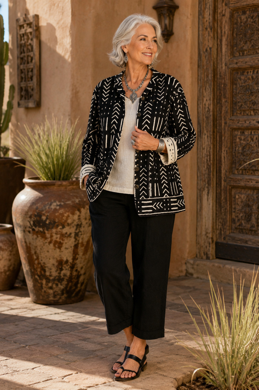 I.T.F. India Reversible Cotton Canvas Jacket Black Cream Tribal Aztec Print XL